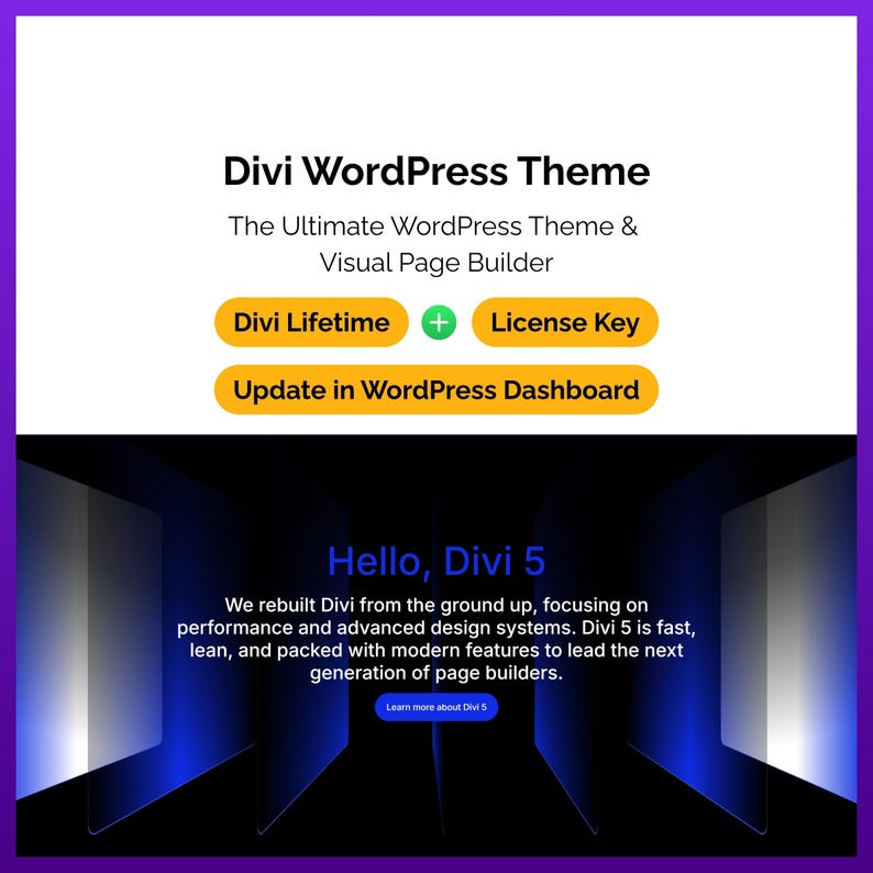 May include: A promotional image for the Divi WordPress Theme. The top section features the text "Divi WordPress Theme" and "The Ultimate WordPress Theme & Visual Page Builder." Below are buttons for "Divi Lifetime" and "License Key."