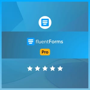 Könnte beinhalten: Eine blaue Grafik mit dem Fluent Forms Pro Logo, bestehend aus einem weißen Kreis mit einem blauen Symbol mit drei horizontalen weißen Linien, gefolgt vom Text fluentForms und einem gelben Rechteck mit dem Wort Pro und fünf Sternen.
