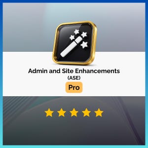 May include: A square icon with a gold border and black center featuring a white magic wand and three stars. Below, the text reads Admin and Site Enhancements (ASE) Pro, followed by a row of five solid yellow stars representing a rating.