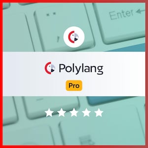 May include: A digital graphic featuring the Polylang Pro logo, which includes a circular icon with a stylized parrot head in red, white, and black. Below the logo is a yellow rectangular badge labeled Pro and five white stars on a keyboard background.