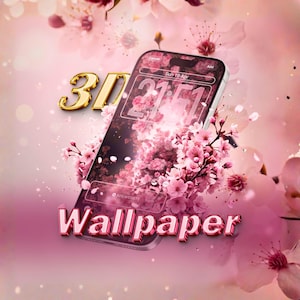 Può includere: Uno schermo di smartphone mostra uno sfondo floreale con fiori di ciliegio rosa. L'ora è 21:51 del 19 aprile. La parola "Wallpaper" è in un font 3D. L'immagine ha uno sfondo rosa tenue con la parola dorata "3D".
