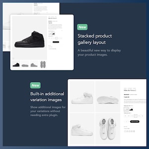 Może przedstawiać: Prezentacja produktu przedstawiająca buty sportowe Nike Air Force 1. Układ podkreśla ułożoną galerię produkt&oacute;w i wbudowane obrazy wariant&oacute;w. Tekst brzmi "Nowość" i opisuje funkcje. Buty sportowe są czarno-białe.