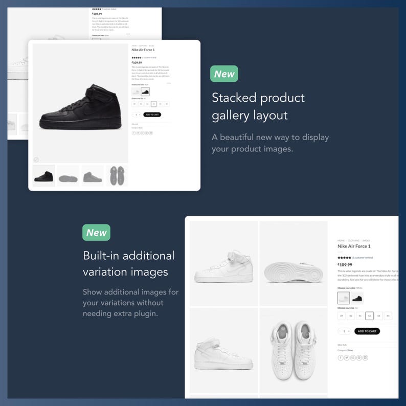 Może przedstawiać: Prezentacja produktu przedstawiająca buty sportowe Nike Air Force 1. Układ podkreśla ułożoną galerię produkt&oacute;w i wbudowane obrazy wariant&oacute;w. Tekst brzmi "Nowość" i opisuje funkcje. Buty sportowe są czarno-białe.