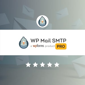 May include: The image features the text "WP Mail SMTP" with a cartoon pigeon logo. The word "PRO" is highlighted in a yellow box. The background shows floating white envelopes and five white stars.