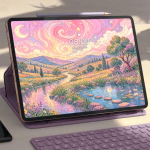 Könnte beinhalten: Ein Tablet mit einem Landschaftsbild, das einen Fluss, Bäume und Berge unter einem Sternenhimmel zeigt. Das Tablet befindet sich in einer lila Hülle, mit einem Stift und einer lila Tastatur. Die Uhrzeit auf dem Bildschirm ist 08:00.