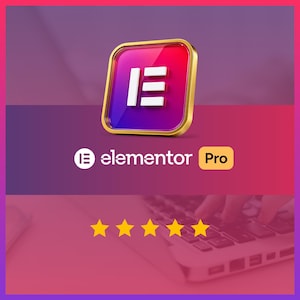 Op de afbeelding: Een vierkant icoon met een gouden rand met een witte letter E op een verloop van rood naar paars. Daaronder staat de tekst elementor Pro naast het logo. Vijf gele sterren worden onderaan weergegeven boven een wazig laptoptoetsenbord.