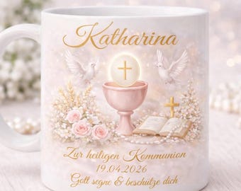 Personalisierte Kommunion Tasse Mädchen rosa mit Name & Datum | Geschenk Erstkommunion Mädchen | Christliche Tasse Kelch Taube