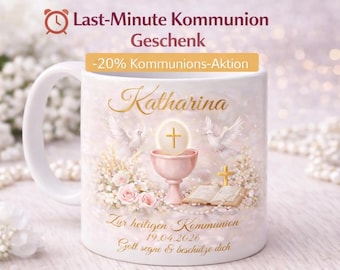 Taza de Primera Comunión personalizada para niñas, rosa con nombre y fecha | Regalo de Primera Comunión para niñas | Taza cristiana con cáliz y paloma