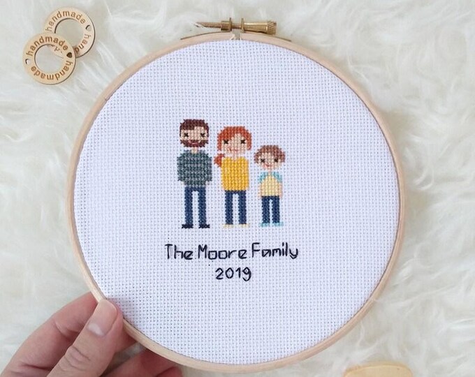 Custom Family Cross Stitch Portrait - Personalised Portrait Anniversary Wedding Holiday Mothers Day Gift