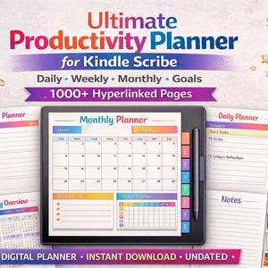 May include: An Ultimate Productivity Planner for Kindle Scribe, featuring daily, weekly, and monthly planning pages. The digital planner includes over 1000 hyperlinked pages, with a monthly calendar, habit tracker, and notes sections. The image also shows pens, paperclips, and a small clock.