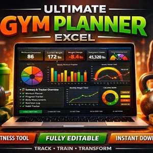 Peut inclure: Un ordinateur portable affichant un planificateur de gym avec des graphiques et des diagrammes, des haltères, un kettlebell et un mètre ruban. Le texte à l'écran indique "Ultimate Gym Planner Excel". Autres textes: "12 in 1 Fitness Tool", "Fully Editable", et "Instant Download."