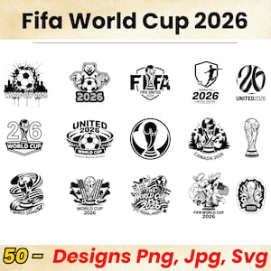 Puede incluir: Una colección de diseños en blanco y negro de la Copa Mundial de la FIFA 2026. Los diseños incluyen balones de fútbol, trofeos y texto. La imagen también incluye el texto "50 - Designs Png, Jpg, Svg".