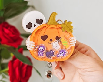 Skull Pumpkin Shaker Badge Reel Halloween Badge Holder Gift For Nurse Fall Badge Reel Halloween Skeleton Badge