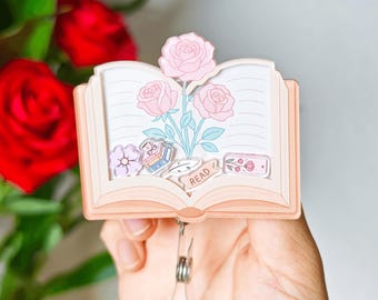 Bloemen Boekenschudder Badge Reel voor Boekenliefhebber Bloem Boek Badgehouder voor Leraar Leesgrage Cadeau voor Verpleegkundige Boekenschudder Sleutelhanger:
