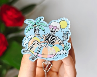 Funny Skeleton Shaker Badge Reel Summer Badge Reel Whimsical Beach Skull ID holder Summer Gift For Nurse
