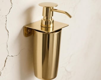 Single Solid Fully Brass Wall-Mounted Soap Dispenser with Support - Handmade Unlacquered Brass Luxury Bathroom Hardware