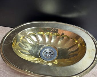 Oval Drop-in Countertop Brass Sink, Golden Vessel Basin Scalloped Interior Pattern, 14x10 inches Sink