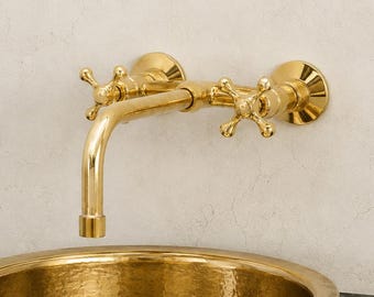 Pure Brass Wall-Mounted Faucet, Durable Wall Bridge Faucet Unlacquered Brass Finish