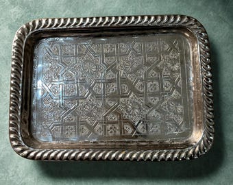 Hand-engraved rectangular stainless steel tray, silver Moroccan serving tray, geometric decorative trinket tray, boho chic table decoration