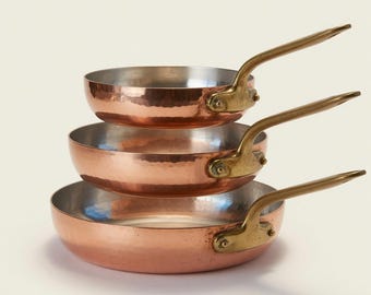 Set of 3 Handmade Copper Frying Pan – Thick Natural Moroccan Skillet 10”, 8.7”, 6.3” – Healthy Brass Handle Cookware