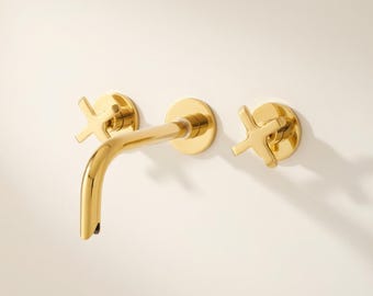 Wall Mount Brass Tub Filler | Concealed Vanity Faucet | Custom Handle Options: Lever, Single or Flat Cross