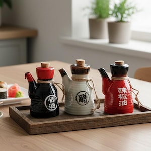 May include: Three ceramic condiment bottles with cork stoppers sit on a wooden tray. The bottles are black, white, and red, with Japanese characters. Sushi and chopsticks are on the table.