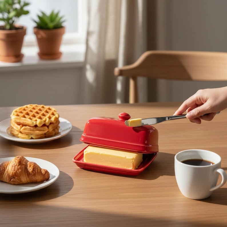 May include: A red butter dish with a knob on top, holding a stick of butter. A knife is cutting a pat of butter. A stack of waffles, a croissant, and a cup of coffee are on the table.