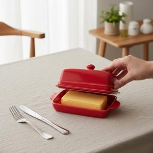 Op de afbeelding: Een rode keramische boterdoos met een deksel, met een blok gele boter. Een roestvrijstalen vork en mes liggen op tafel. De boterdoos is open en een hand tilt het deksel op.