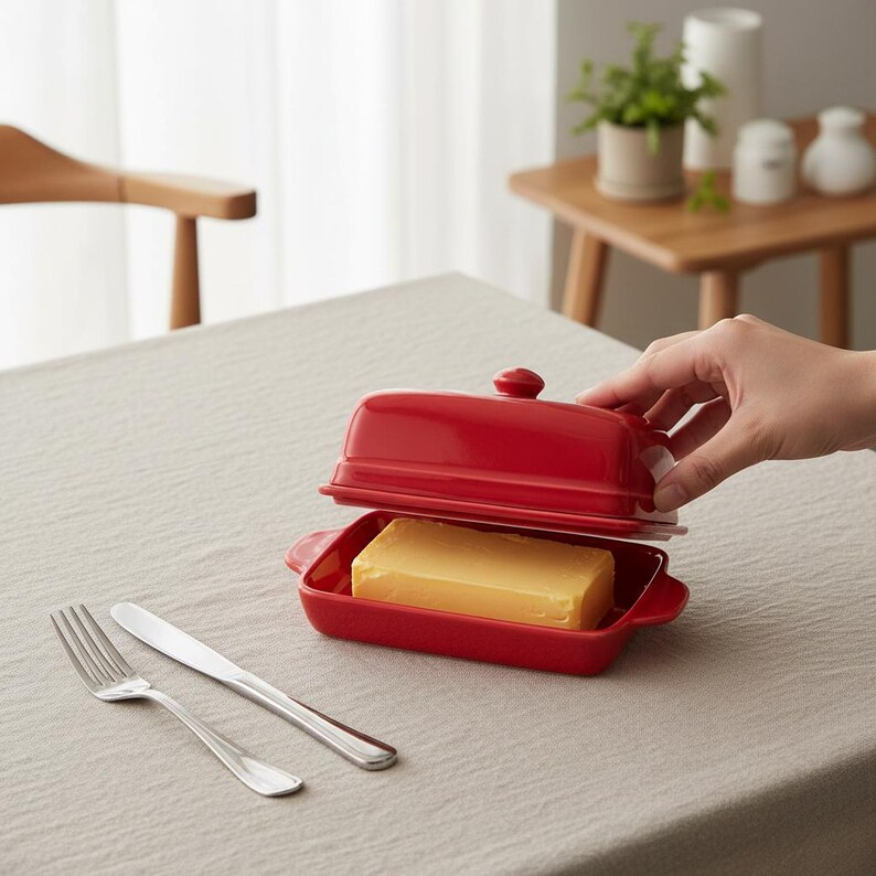 Op de afbeelding: Een rode keramische boterdoos met een deksel, met een blok gele boter. Een roestvrijstalen vork en mes liggen op tafel. De boterdoos is open en een hand tilt het deksel op.