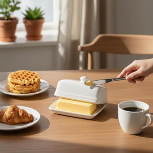 Op de afbeelding: Een witte boterdoos met een rechthoekige basis en deksel, met een gele boterblok. Een mes smeert boter op het deksel. Wafels, een croissant en een kop koffie staan op de houten tafel.