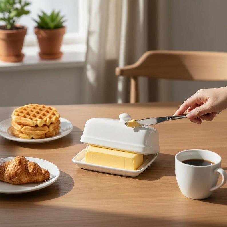 Op de afbeelding: Een witte boterdoos met een rechthoekige basis en deksel, met een gele boterblok. Een mes smeert boter op het deksel. Wafels, een croissant en een kop koffie staan op de houten tafel.