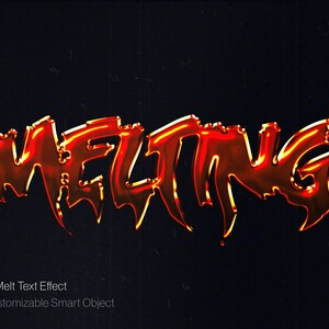 May include: The word MELTING rendered in a glossy, metallic red and orange liquid fire effect against a dark background. Below the text, the white text reads Inferno Melt Text Effect and Fully Customizable Smart Object.