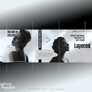 May include: A digital editorial fashion magazine template featuring a series of black and white portraits of individuals with text overlays including "The Art of Stillness," "Reserved Space," "Embrace the Shift," and "Layered" on a gradient background.