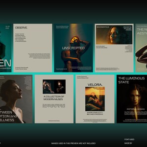 May include: A collection of nine digital editorial poster templates featuring dark, moody photography of individuals, minimalist typography, and bold headers like WOVEN, UNSCRIPTED, and THE LUMINOUS STATE, presented on a dark teal gradient background.