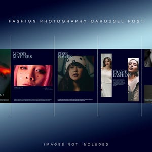 May include: A fashion photography carousel post with a dark blue gradient background. The post features six panels with images of models and text. The text includes phrases like "Style Speaks," "Mood Matters," and "Pose Power."