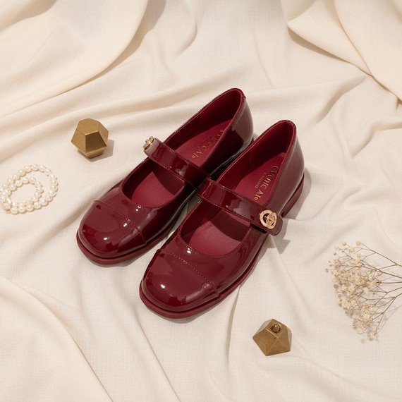 Handmade Red Patent Leather Mary Jane Shoes Vintage Low Heel Strap Flats Burgundy Round Toe Loafers Dark Academia Coquette Gift for Her