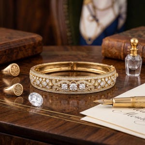 Può includere: Un bracciale d'oro con diamanti, due anelli d'oro, un diamante sciolto, un piccolo flacone di profumo e una penna stilografica d'oro su una superficie di legno. Il bracciale presenta un design intricato con più diamanti.