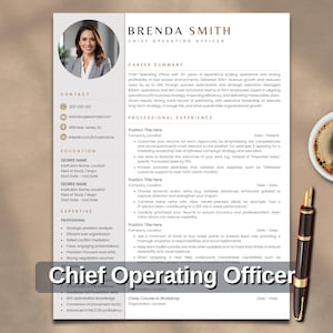 May include: A professional CV template for a Chief Operating Officer featuring a circular headshot of a woman, contact details, career summary, professional experience, and education sections, accompanied by a cup of coffee and a fountain pen.