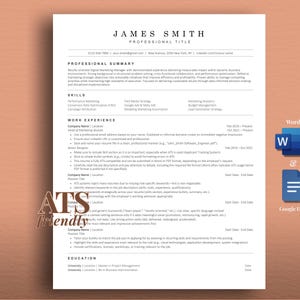 Könnte beinhalten: Eine professionelle Lebenslaufvorlage mit einem sauberen, weißen Layout und schwarzem Text, unterteilt in Abschnitte für berufliche Zusammenfassung, Fähigkeiten, Berufserfahrung und Ausbildung. Das Dokument enthält den Text ATS friendly.