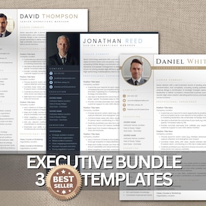 Könnte beinhalten: Ein Paket mit drei professionellen Lebenslaufvorlagen. Jede Vorlage enthält ein Kopfbild, Kontaktinformationen, Ausbildungs- und Erfahrungsbereiche. Der Text "EXECUTIVE BUNDLE 3 BEST SELLER TEMPLATES" ist unten zu sehen.