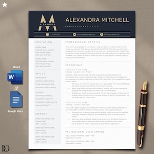 Modello di curriculum minimalista per Word e Google Docs / CV pulito con monogramma / Pacchetto di curriculum professionale moderno da 1 a 3 pagine + biglietto da visita