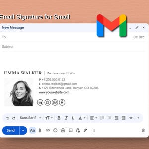 May include: A digital template for an email signature for Gmail featuring the text Email Signature for Gmail and a Gmail logo. The signature includes the name Emma Walker, a professional title, contact details, a website, and social media icons.
