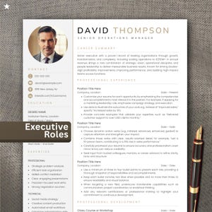 Plantilla de currículum ejecutivo / Currículum para altos cargos directivos con foto / MS Word / A4 y Carta estadounidense / CV profesional y moderno para puestos de gestión