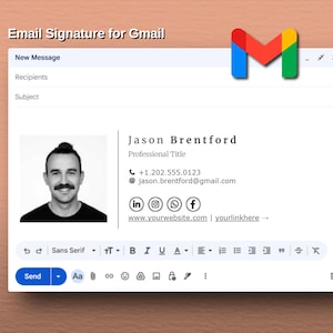 Puede incluir: Una plantilla digital para una firma de correo electrónico de Gmail con el texto Email Signature for Gmail, un retrato en blanco y negro, el nombre Jason Brentford, un título profesional, teléfono, correo electrónico e iconos sociales.