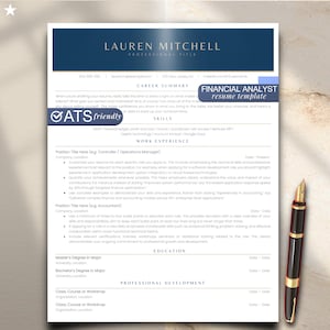 May include: A resume template for a Financial Analyst, with a navy blue header and the name "Lauren Mitchell." The document includes sections for career summary, skills, work experience, education, and professional development. A gold and black pen rests on the right side.