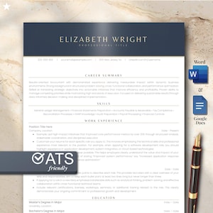 Könnte beinhalten: Eine professionelle Lebenslaufvorlage für Elizabeth Wright mit dunkelblauem Kopfbereich, Kontaktdaten, Zusammenfassung, Fähigkeiten, Berufserfahrung und Ausbildung. Enthält Symbole für Word und Google Docs sowie einen Füllfederhalter.