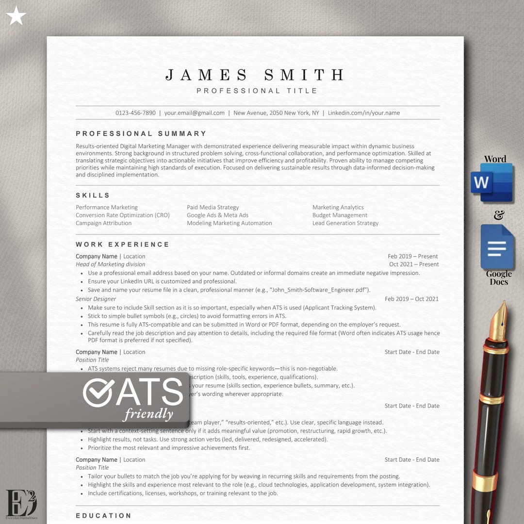 ATS Friendly Resume Template for Men 2026 | Word & Google Docs | Modern ...