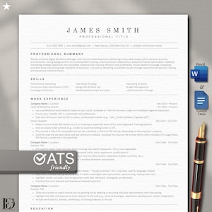 Könnte beinhalten: Eine professionelle Lebenslaufvorlage mit dem Namen James Smith, unterteilt in Abschnitte für Zusammenfassung, Fähigkeiten, Berufserfahrung und Ausbildung. Das Dokument enthält ein graues ATS friendly Abzeichen, einen Füllfederhalter und Symbole für Word und Google Docs.