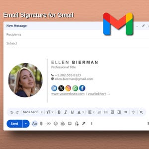 Plantilla de firma de correo electrónico personal para Gmail con foto, Google Docs, firma de correo electrónico profesional personalizada y clicable, diseño personalizado para Gmail