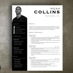 Pode incluir: Um modelo de currículo em preto e branco com o retrato de uma pessoa, o nome Noah Collins e seções para contato, educação, habilidades, perfil e experiência profissional, estruturado com uma barra lateral escura.